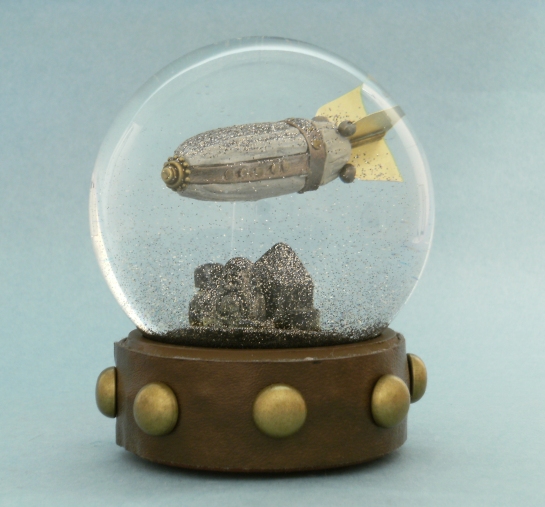 Airship over Rooftops snow globe by Camryn Forrest Designs